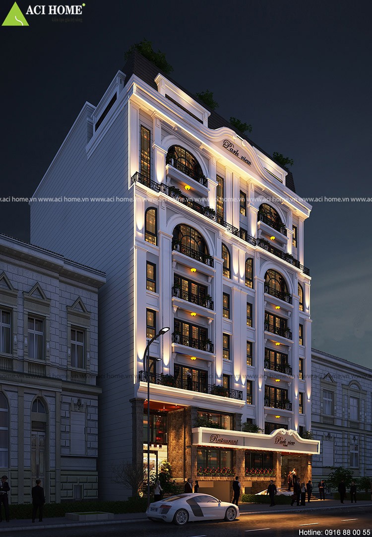 Thiết kế khách sạn kiểu Pháp tại Hà Nội - 3 sao - song lập - 9 tầng - 1