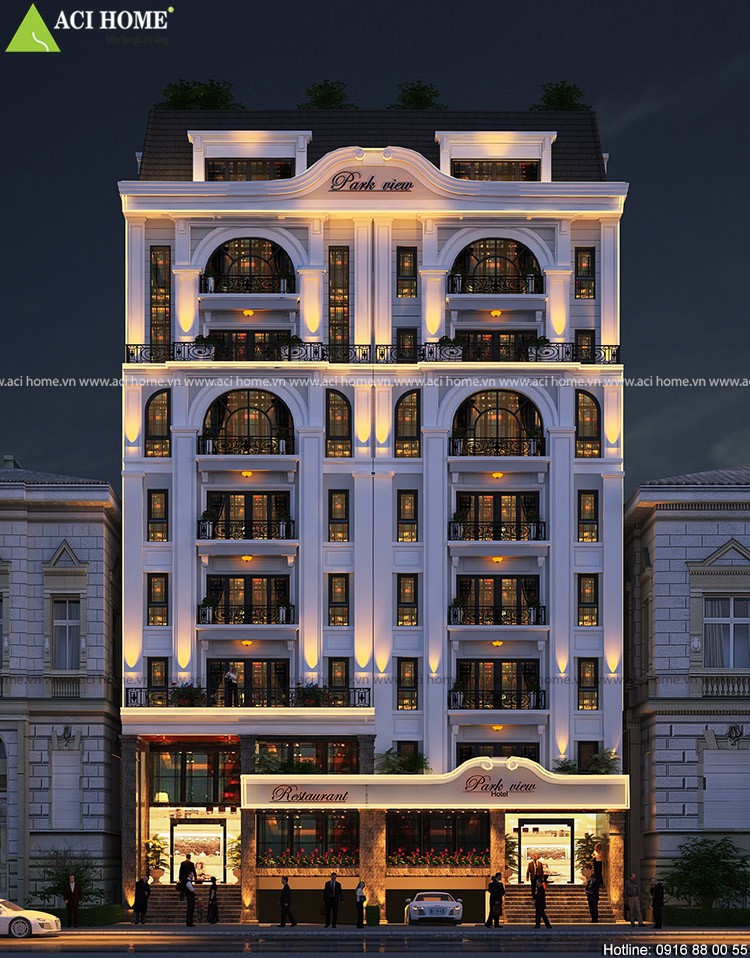 Thiết kế khách sạn kiểu Pháp 9 tầng 3 sao với 2 tòa nhà song lập 10 m mặt tiền mỗi công trình tại Hà Nội
