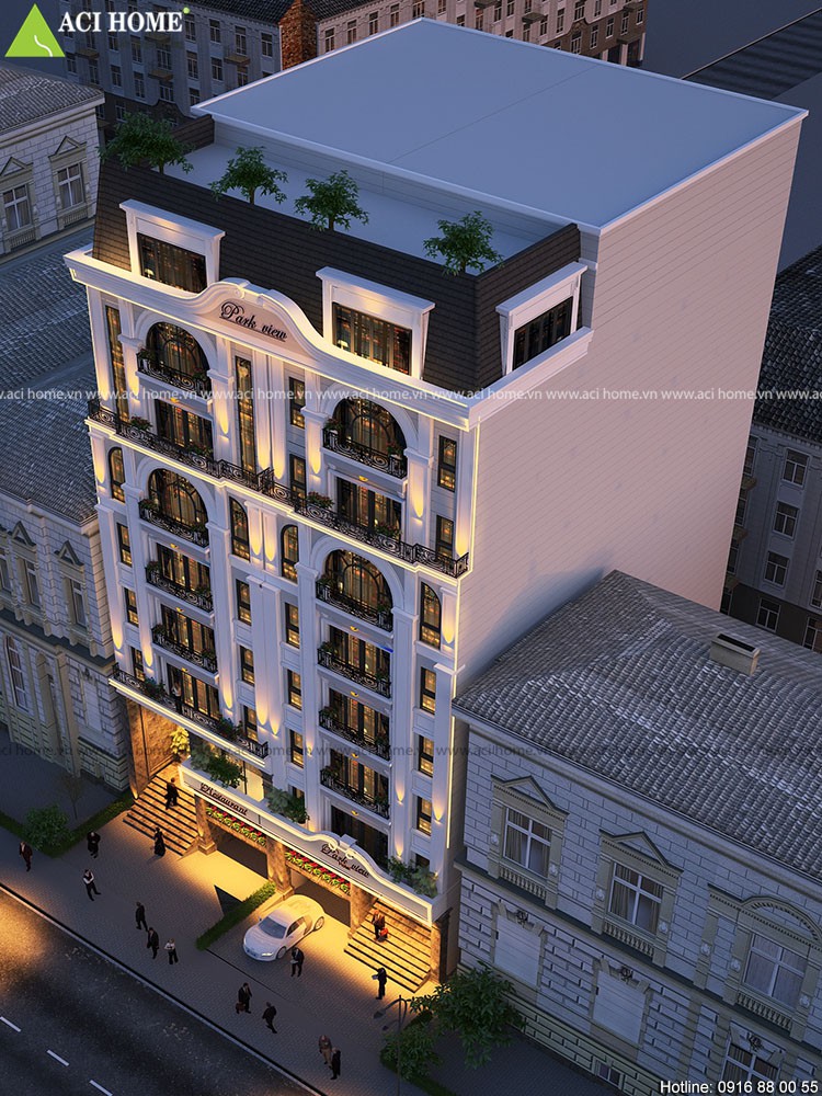 Thiết kế khách sạn kiểu Pháp - 2x 10 m mặt tiền - kiến trúc 3 sao đẹp tại Hà Nội