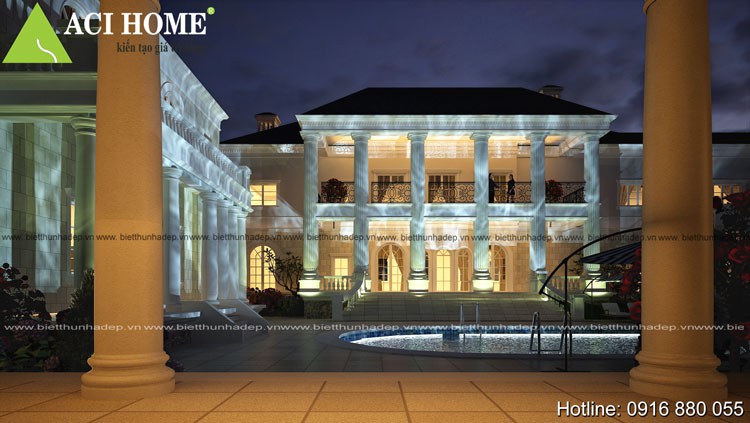 Dinh thự 2 tầng đẹp sang trọng, quyến rũ theo phong cách tân cổ điển Pháp ban đêm