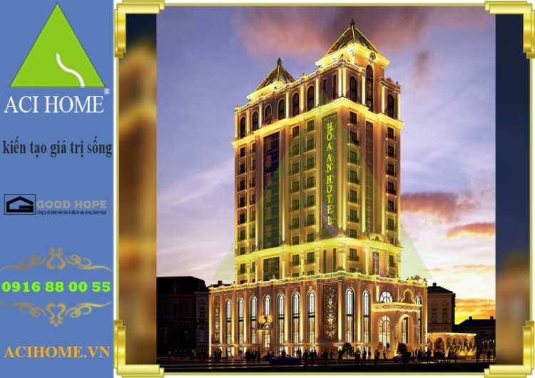 Thiết kế khách sạn cổ điển 4 sao - dự án nghỉ dưỡng và trung tâm nhà hàng tiệc cưới đẳng cấp tại Mũi Né_Phan Thiết - Kiến trúc 13 tầng bề thế sang trọng của khách sạn Hoa An